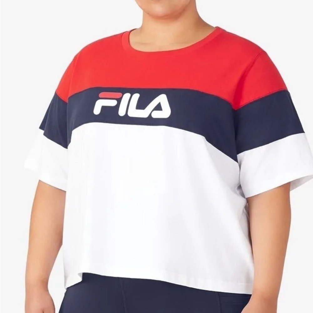 FILA Colorblock Short Sleeve Striped Cropped Top 1X NWT